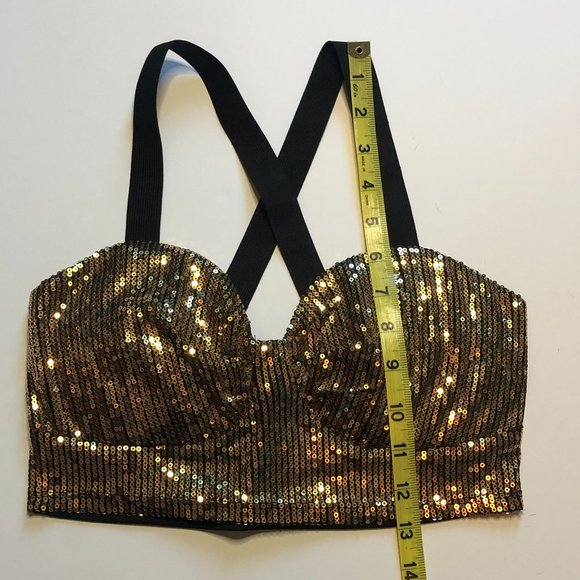 SAN JOY Women's Gold Sequined Babydoll Glamcore Crop Top Y2K Festival - Picture 7 of 11